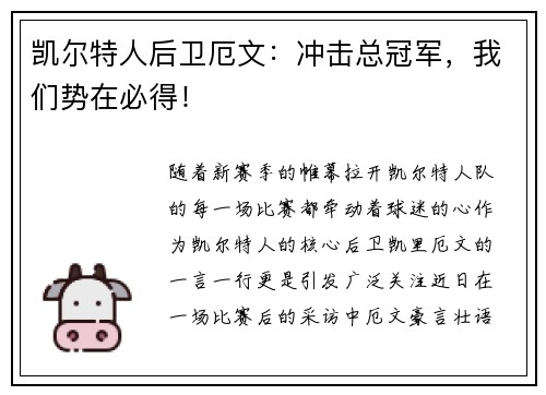 凯尔特人后卫厄文：冲击总冠军，我们势在必得！