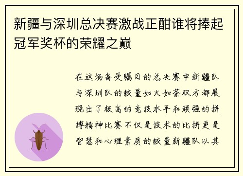 新疆与深圳总决赛激战正酣谁将捧起冠军奖杯的荣耀之巅