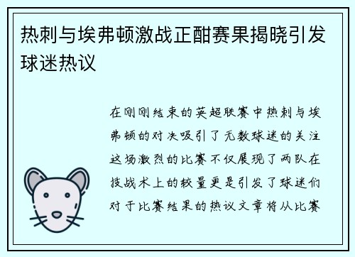热刺与埃弗顿激战正酣赛果揭晓引发球迷热议