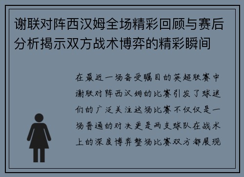 谢联对阵西汉姆全场精彩回顾与赛后分析揭示双方战术博弈的精彩瞬间