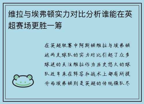 维拉与埃弗顿实力对比分析谁能在英超赛场更胜一筹
