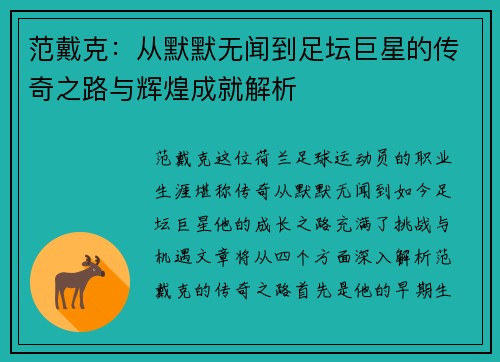 范戴克：从默默无闻到足坛巨星的传奇之路与辉煌成就解析