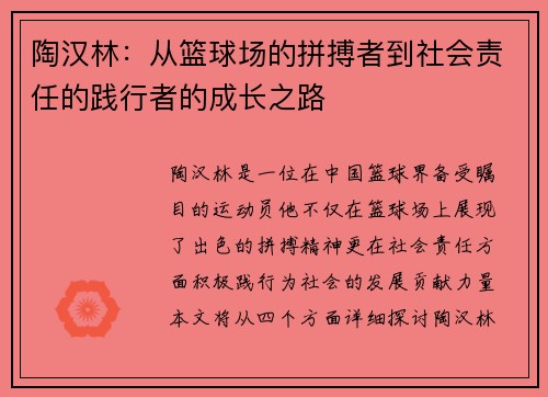 陶汉林：从篮球场的拼搏者到社会责任的践行者的成长之路