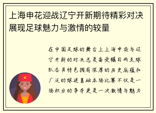 上海申花迎战辽宁开新期待精彩对决展现足球魅力与激情的较量