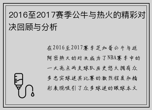 2016至2017赛季公牛与热火的精彩对决回顾与分析
