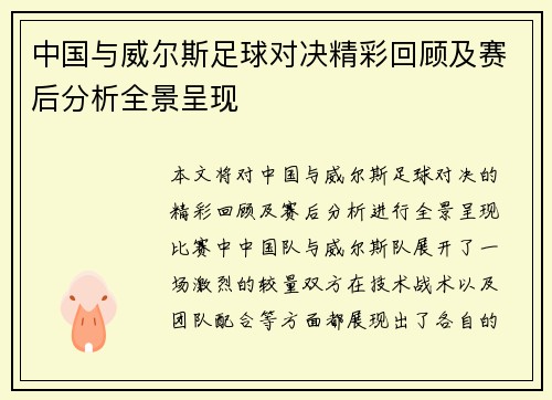 中国与威尔斯足球对决精彩回顾及赛后分析全景呈现