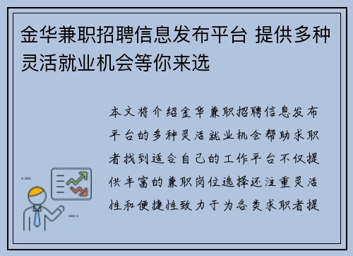 金华兼职招聘信息发布平台 提供多种灵活就业机会等你来选