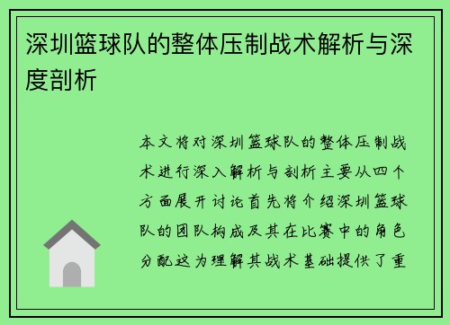 深圳篮球队的整体压制战术解析与深度剖析